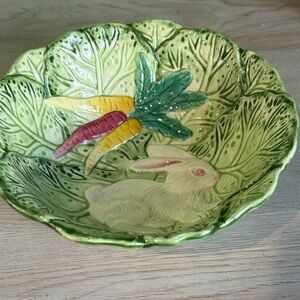 Green Ceramic Bowl with Rabbit and Vegetables Design Bunny Lane
